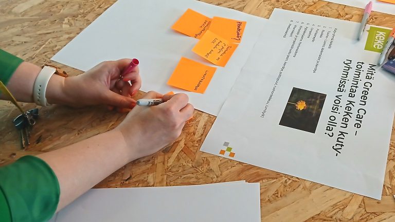 Green Care -toiminnan ideointia. Pöydällä on tulostettuja PowerPoint-dioja sekä post-it lappuja. Yhteen lappuun ollaan kirjoittamassa tussilla uusia ideoita.