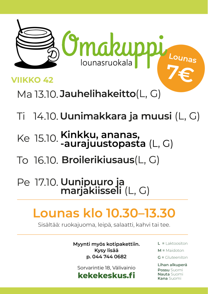Omakupin ruokalista viikolle 42. Maanantai 13.10. Jauhelihakeitto (laktoositon ja gluteeniton). Tiistai 14.10. Uunimakkara ja muusi (laktoositon ja gluteeniton). Keskiviikko 15.10. Kinkku, ananas, aurajuustopasta (laktoositon ja gluteeniton). Torstai 16.10. Broilerikiusaus (laktoositon ja gluteeniton). Perjantai 17.10. Uunipuuro ja marjakiisseli (laktoositon ja gluteeniton).