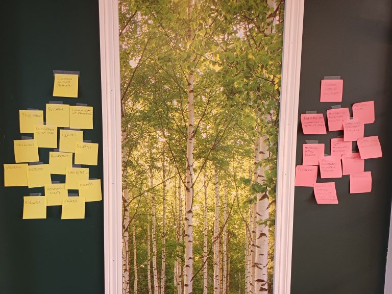 LTT-hanketoimiston seinä. Seinällä on iso koivumetsää kuvaava maisemataulu, ja taulun molemmilla puolilla on post-it lappuja. Lappuihin on kirjoitettu luonnossa tehtäviä asioita, työtehtäviä ja ammattitutkintoja.