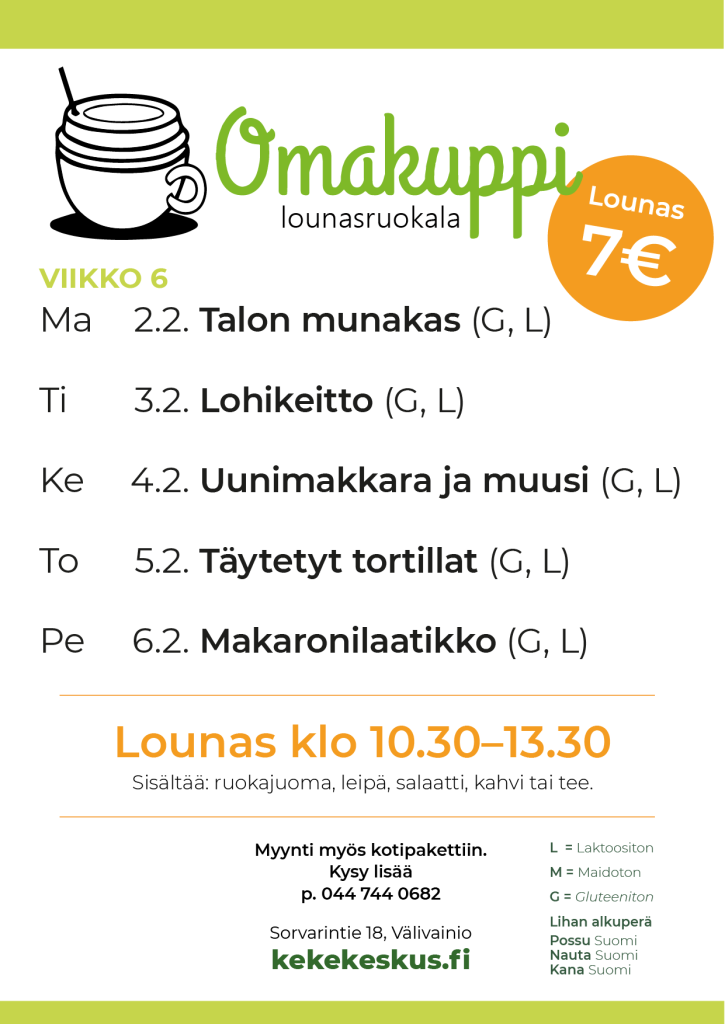 Omakupin ruokalista viikolle 6. Maanantaina 2.2. Talon munakas (gluteeniton ja laktoositon). Tiistaina 3.2. Lohikeitto (gluteeniton ja laktoositon). Keskiviikkona 4.2. Uunimakkara ja muusi (gluteeniton ja laktoositon). Torstaina 5.2. Täytetyt tortillat (gluteeniton ja laktoositon). Perjantaina 6.2. Makaronilaatikko (gluteeniton ja laktoositon).