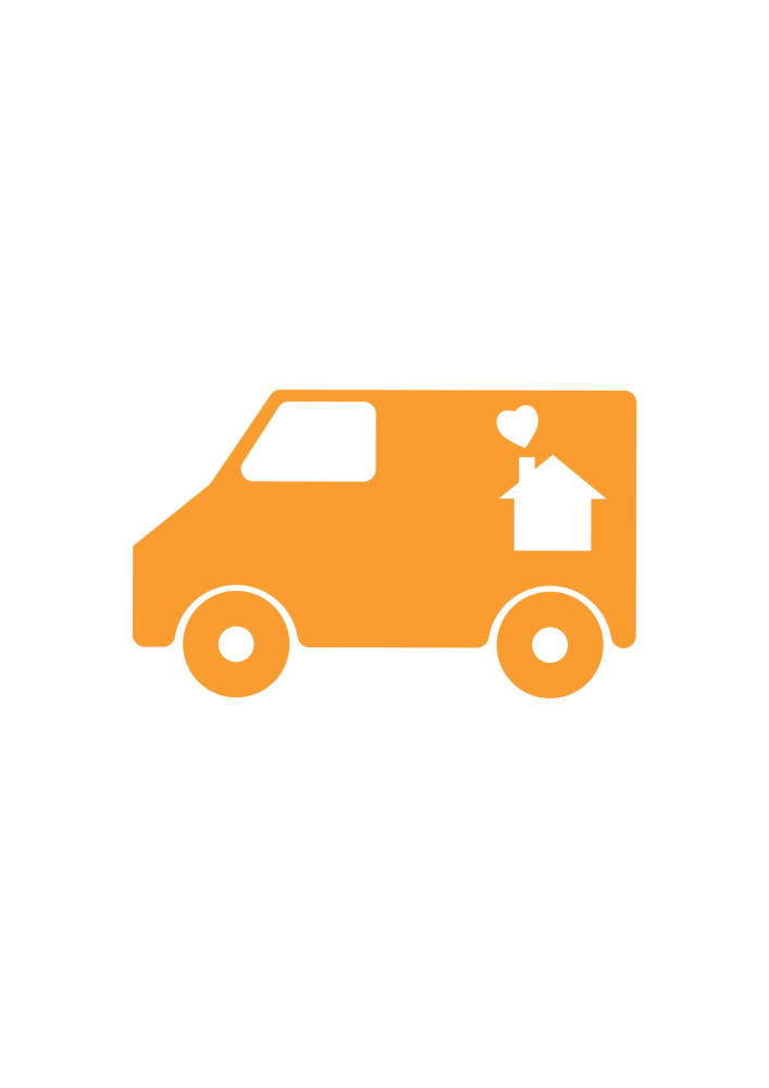 Piirretty pakettiauto, jonka kyljessä on talon kuva. Talon savupiipusta tulee sydämen muotoinen savuvana.