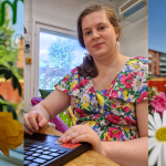 kollaasi Hannele OAMK-opiskelija Hannele Tervo istuu läppärin ääressä ja katsoo suoraan kameraan. Kuvan molemmilla puolilla on kollaasina kuvia Kestävän kehityksen keskuksen pihojen kukista.